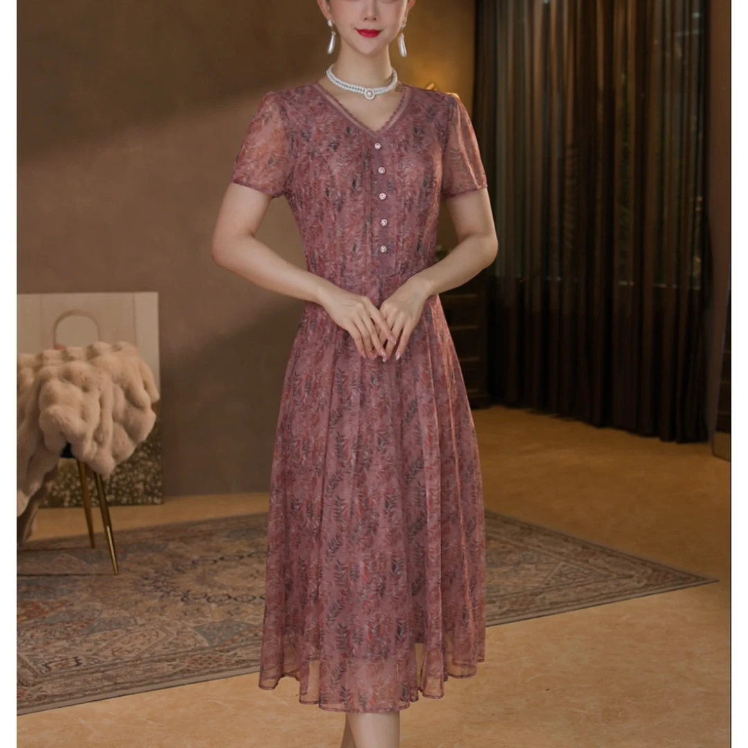 【香妮芬】 83359高档弹力水晶纱妈妈连衣裙女夏季新款显瘦大码