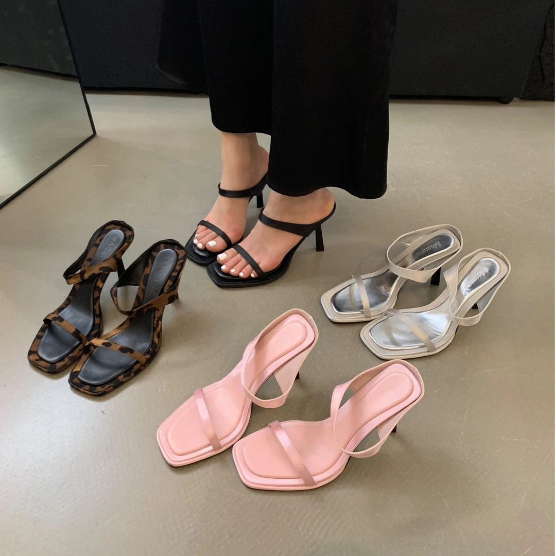 2025夏季法式新款性感高跟凉鞋女外穿豹纹方头露趾一字带细跟凉拖