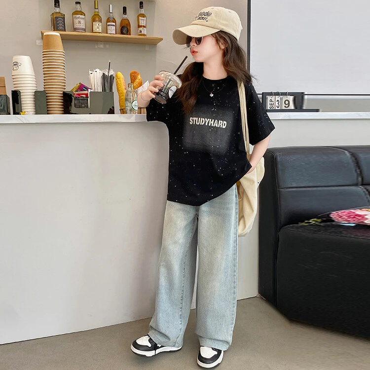 女童夏装套装2025新款女大童夏季短袖T恤儿童夏季薄款休闲牛仔裤