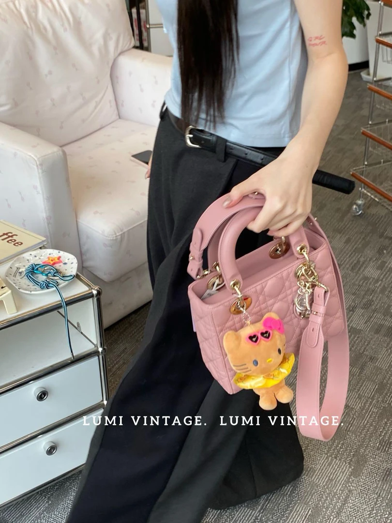 95新 DIOR/迪奥 干枯玫瑰粉羊皮四格戴妃单肩包44628046