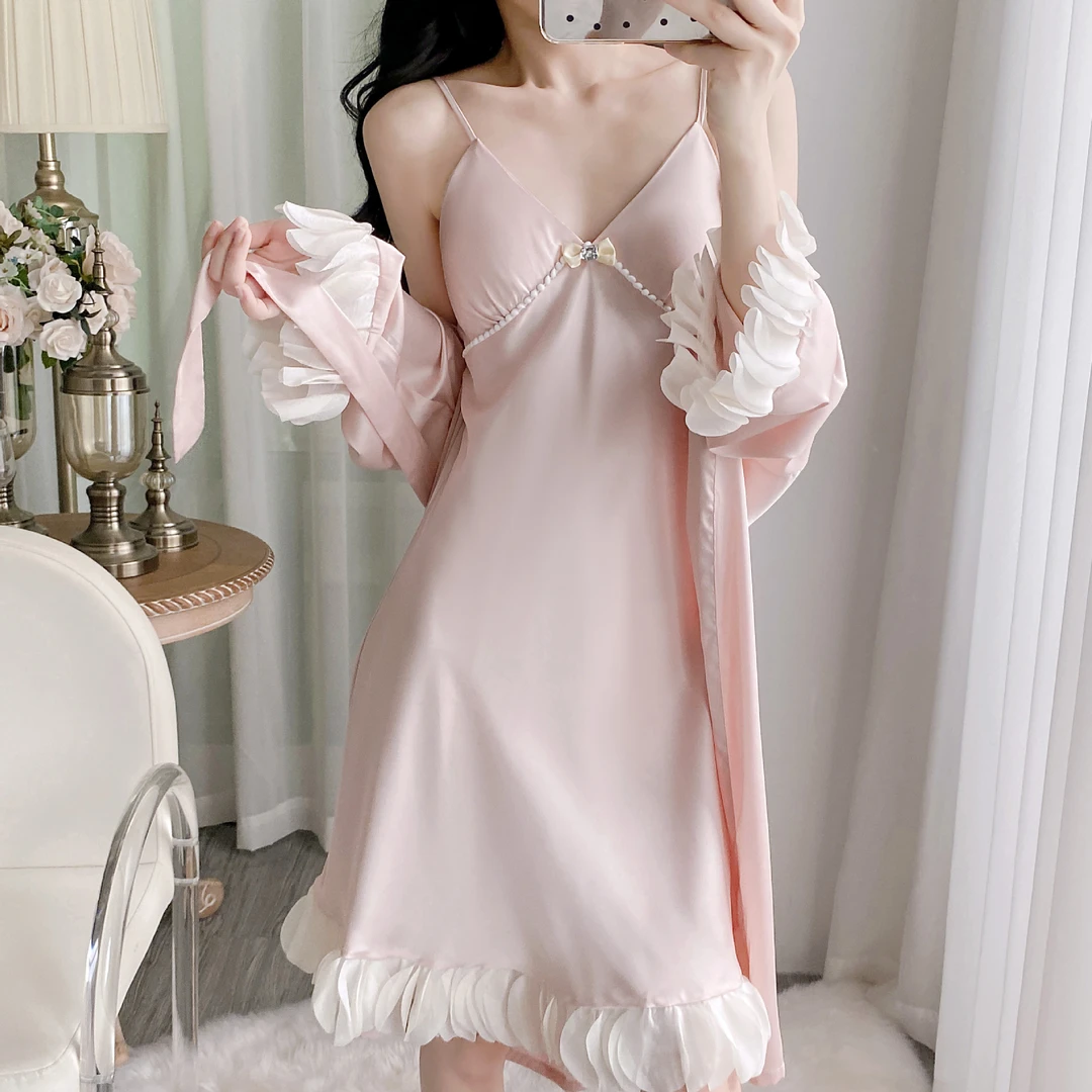 纯欲风性感花瓣睡裙冰丝甜美公主睡衣女吊带夏季睡衣带胸垫家居服
