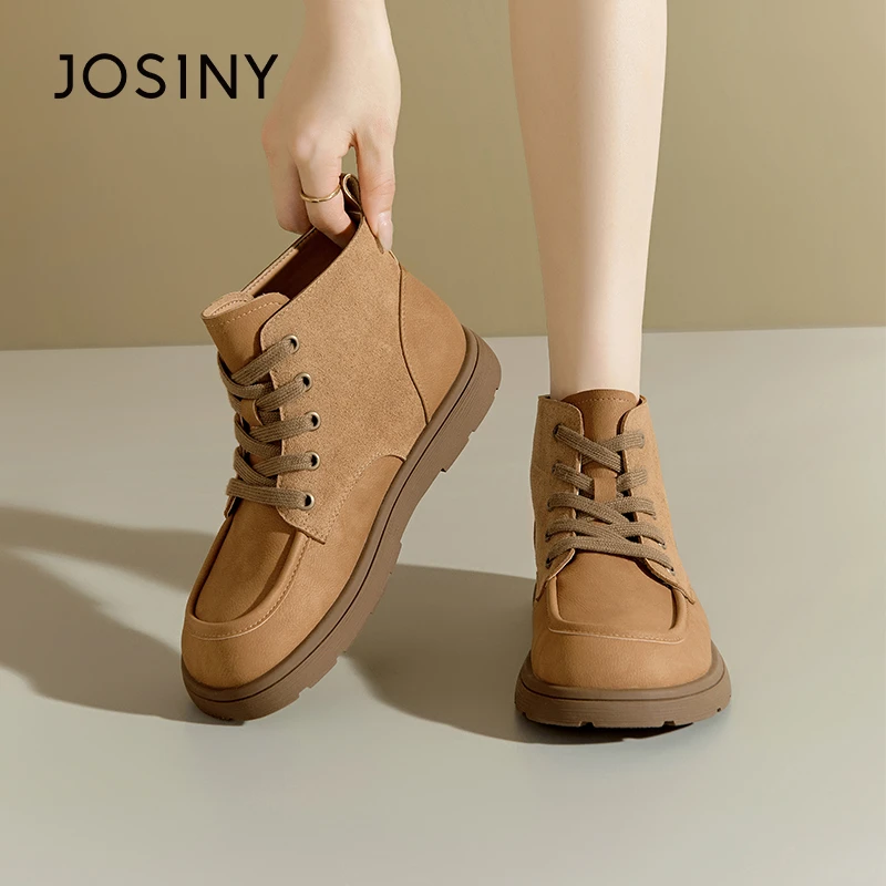 卓诗尼休闲百搭马丁靴女2025冬季新款圆头粗跟软底系带英伦风短靴