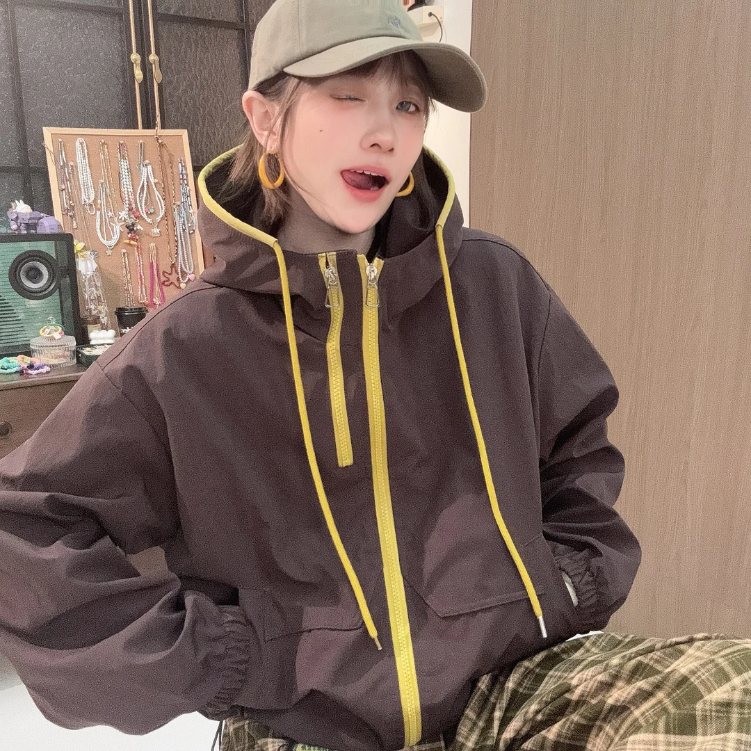 Apr.【黑巧豆】秋季新款连帽拉链开衫外套长袖休闲上衣女款SC25924