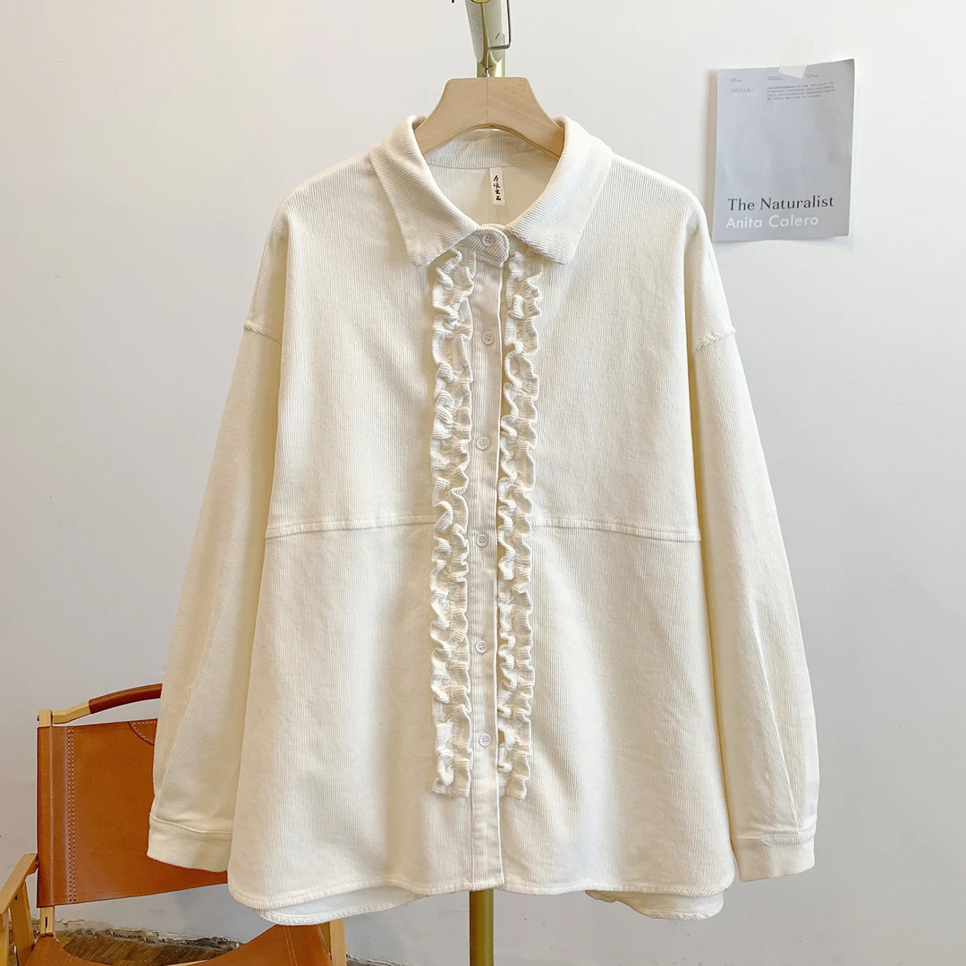 时光恰好Y4027灯芯绒木耳边全开扣翻领衬衫