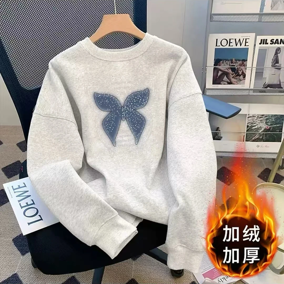 韩版时尚蓝蝴蝶内搭打底衫优质棉加绒加厚慵懒风遮肉显瘦卫衣