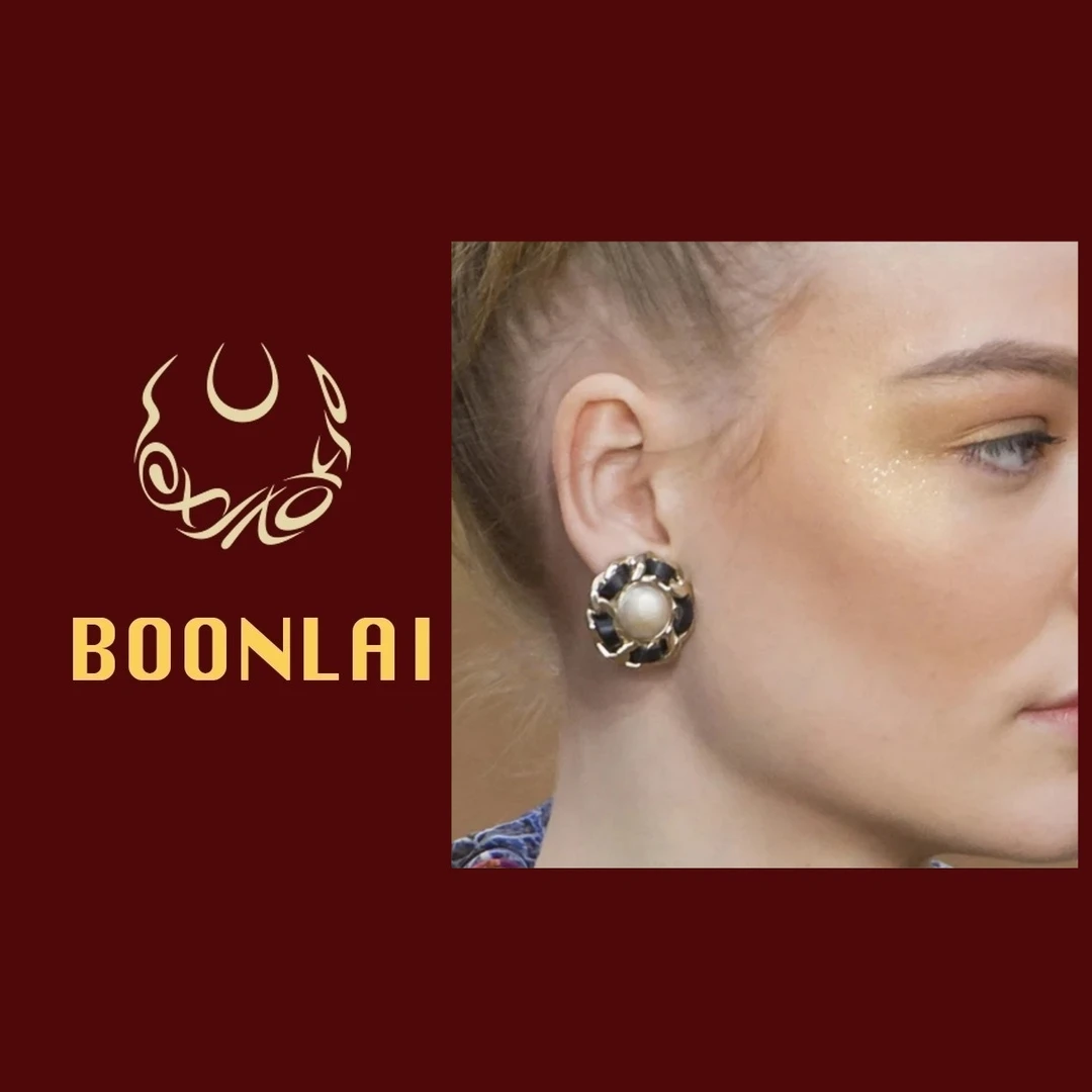 铜合金仿珍珠耳饰 Boonlai 中古编织皮质花朵珠珠耳环213