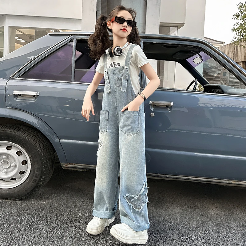 女童背带裤休闲牛仔裤2025春秋新款女大童初中生儿童青少年直筒裤