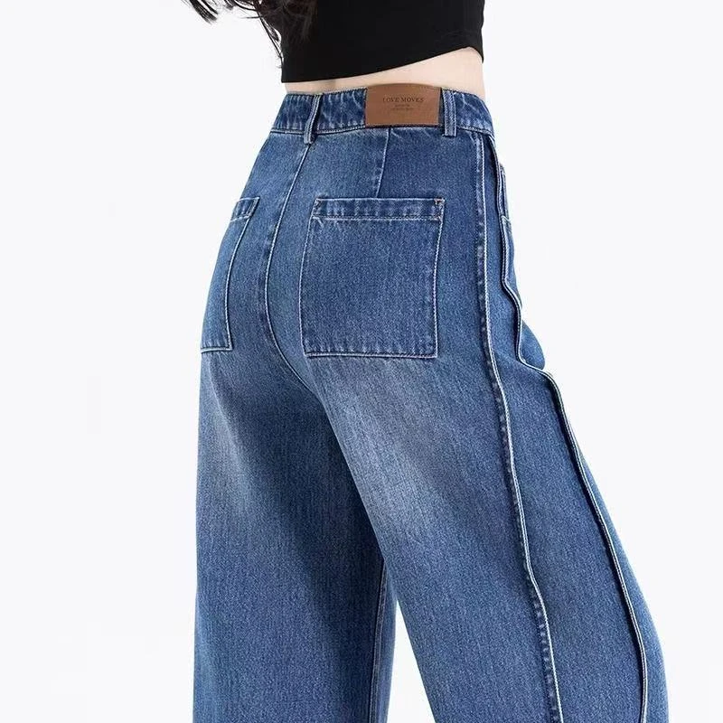 秋冬美式加绒牛仔裤女2025新款复古高腰大阔腿裤拖地裤宽松弯刀裤