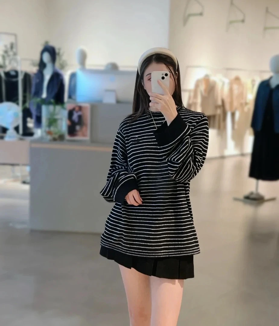 DZ含羊毛春秋软糯毛针织衫2025春季新品黑色条纹长袖圆领毛衣A139