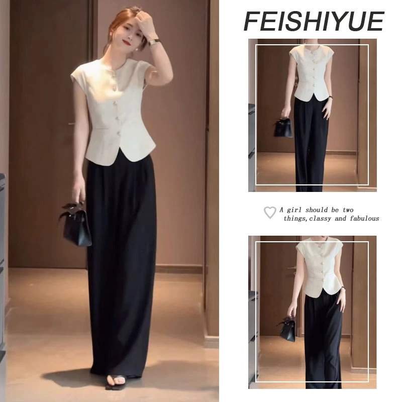 今年流行穿搭一整套2025新款气质女装时尚洋气白色马甲阔腿裤套装