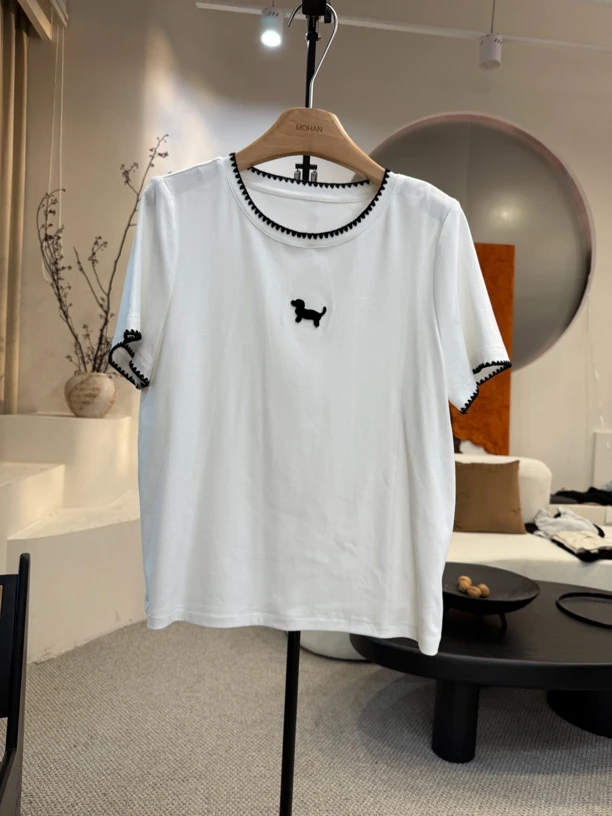 【墨涵精选】撞色重工狗狗韩版百搭减龄显瘦休闲T恤28142