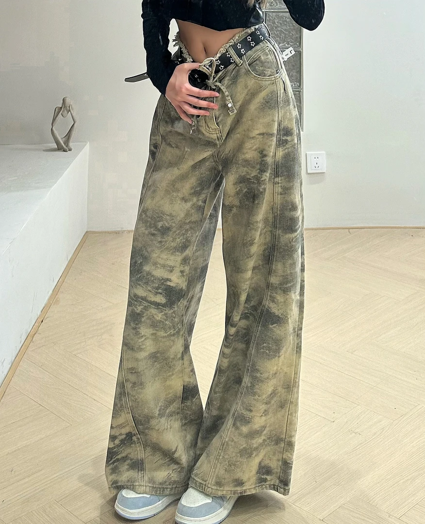 LydIa◇水墨风扎染◇高腰美式牛仔裤裤子阔腿裤显瘦高街复古迷彩