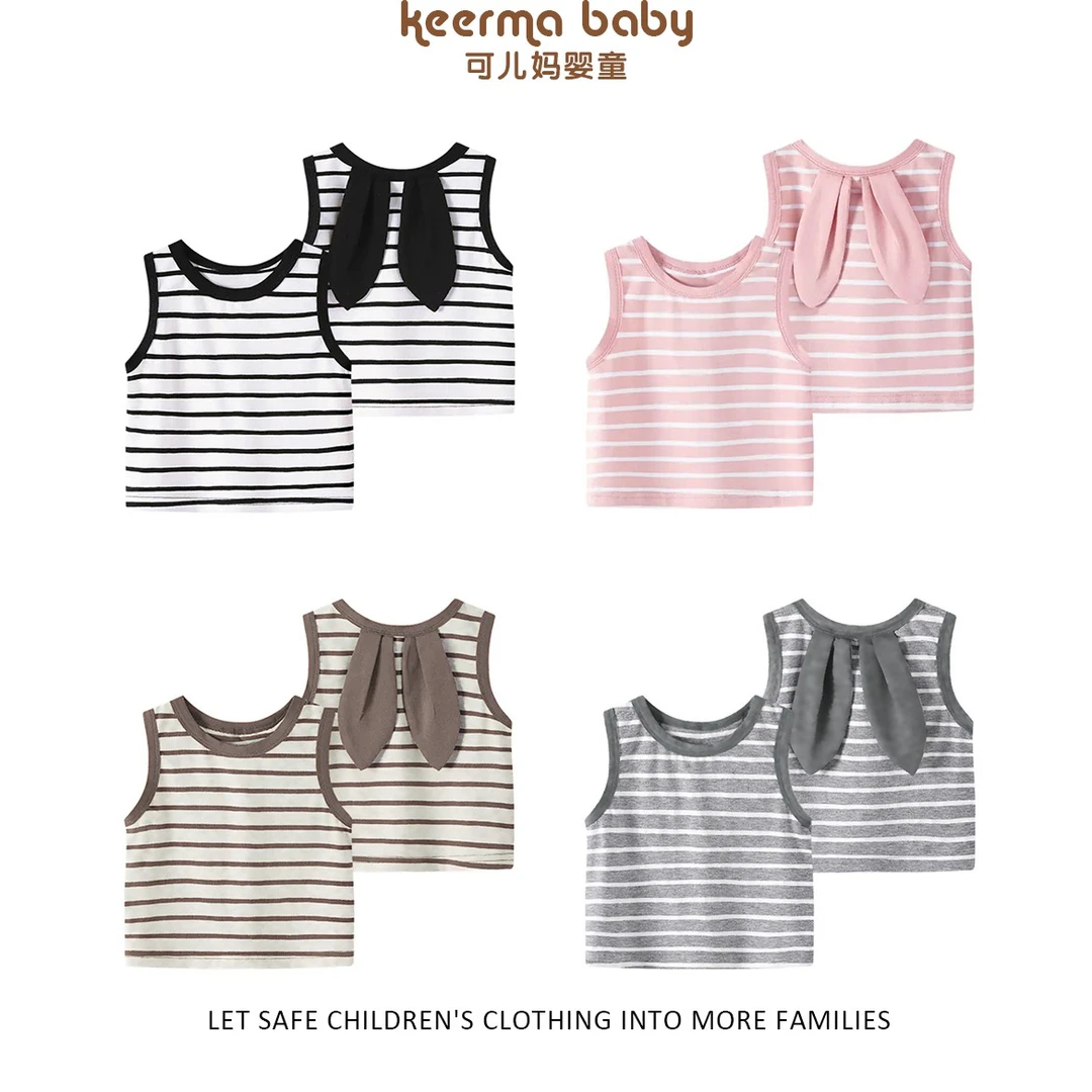 【H】夏季宝宝条纹无袖上衣兔耳宽肩横条背心绿条宝宝童装
