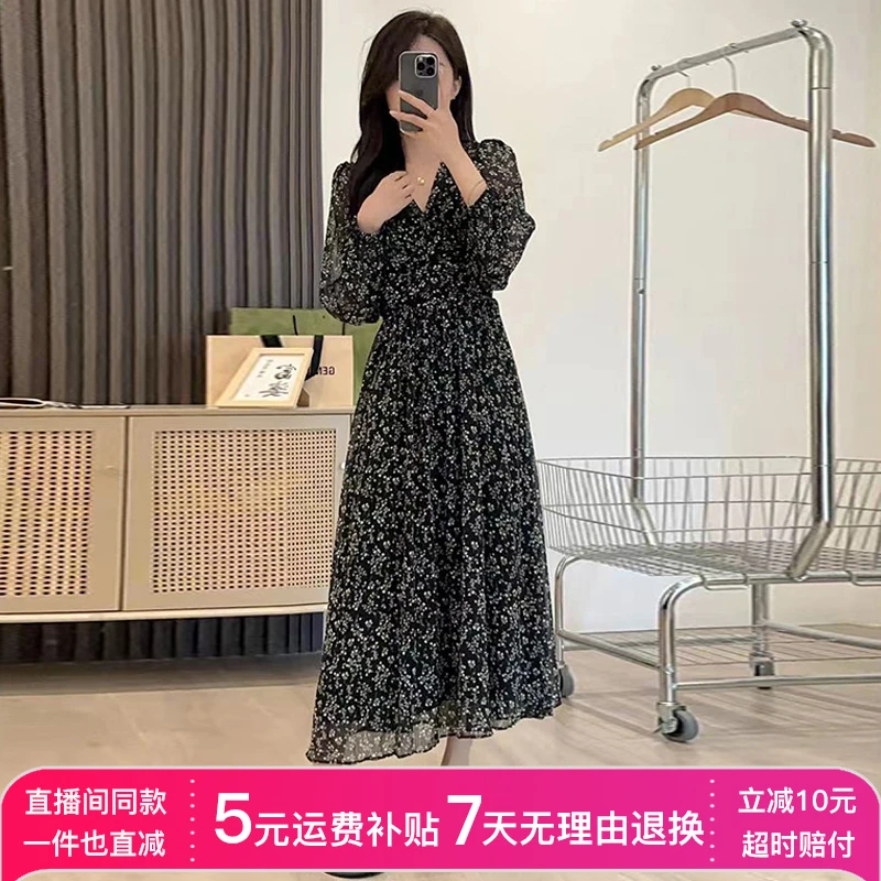 E077雪纺碎花连衣裙子垂坠高级感长袖女装2025新款春秋季法式长裙
