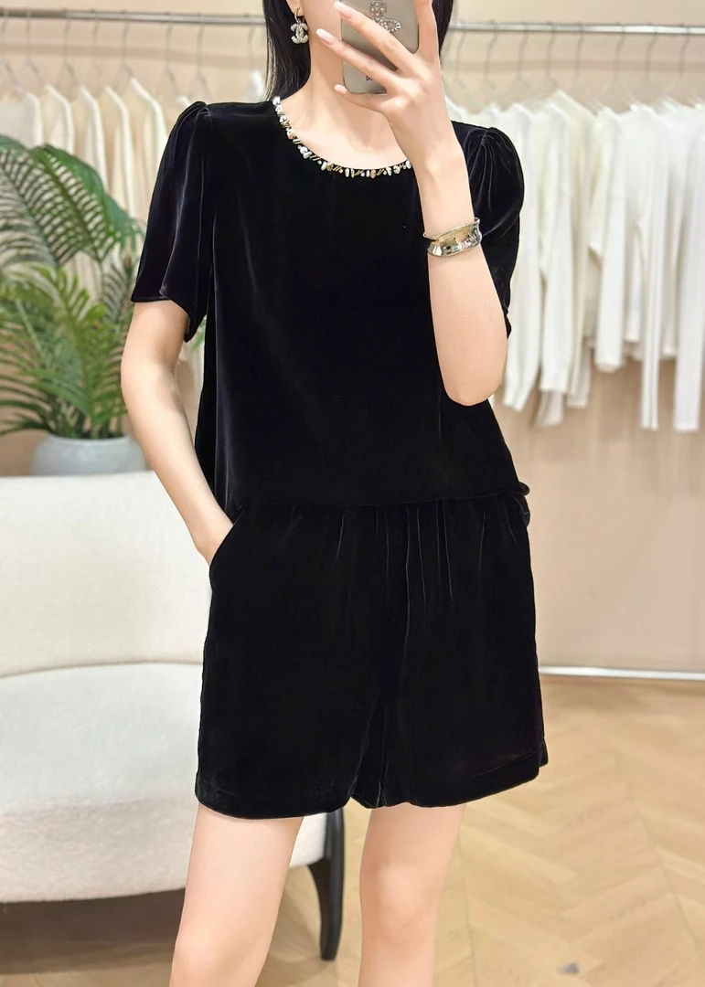 袖常规重工钉珠短款圆领时尚气质显瘦桑蚕丝丝绒上衣