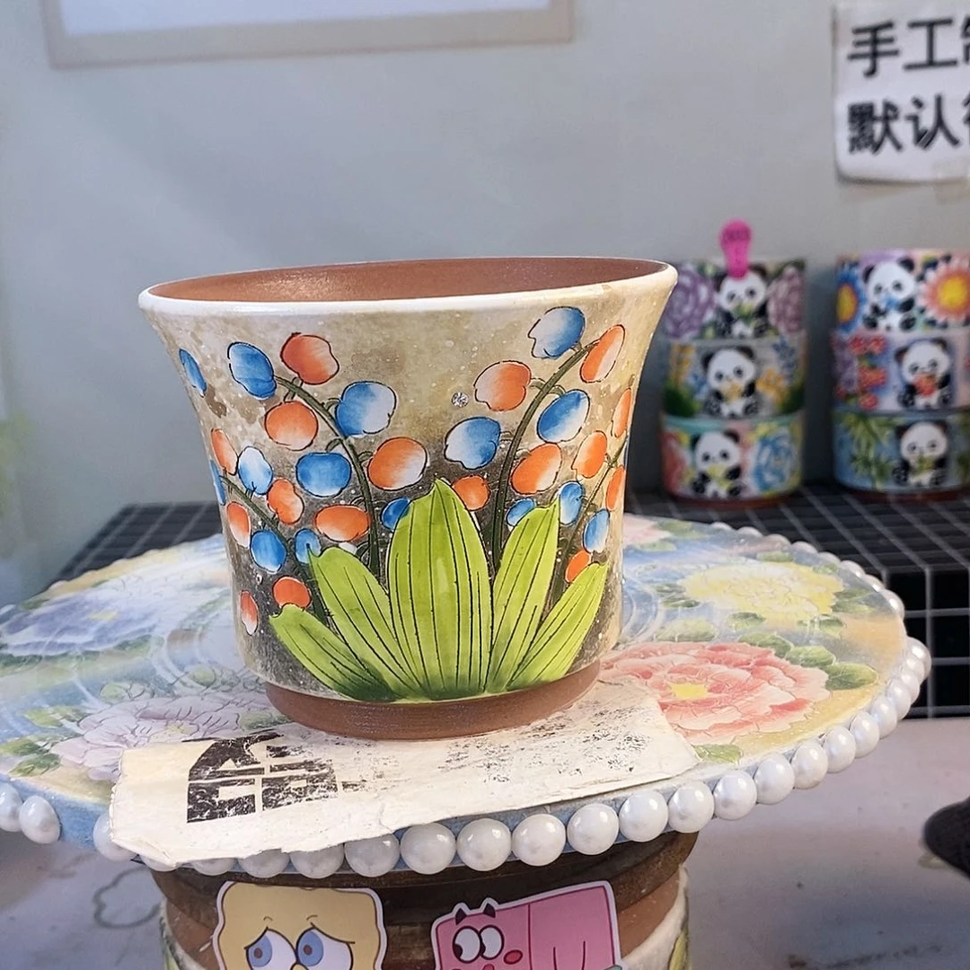 红泥花盆红陶手绘花盆