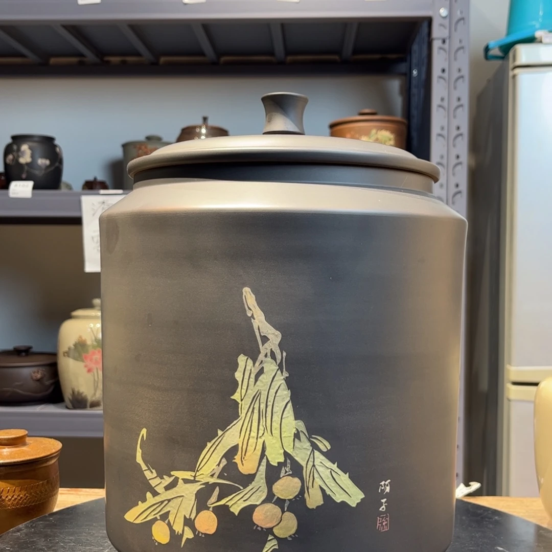 正品红泥哑光彩填九饼缸