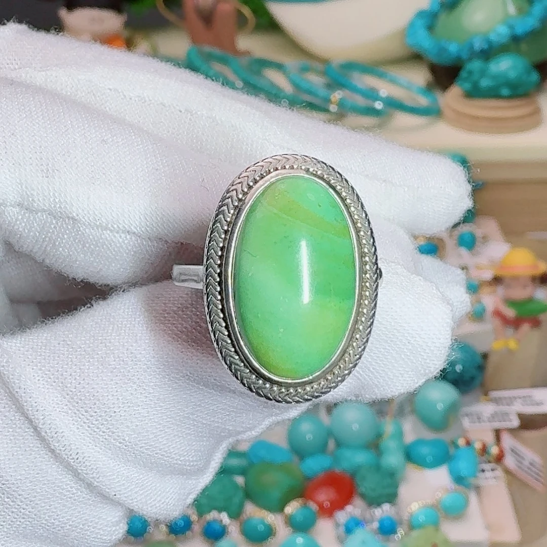 绿松石银S925镶嵌珠宝奇石简约大气戒指