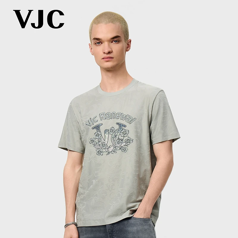 VJC/威杰思2025夏季新款男装烫钻短袖T恤提花肌理上衣潮B25BA1053