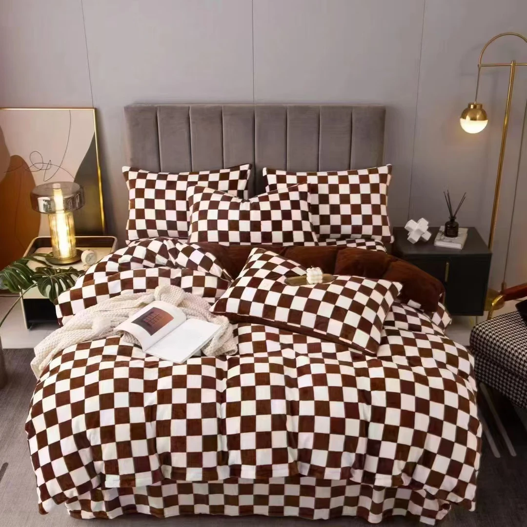 品牌尾货【牛奶绒四件套-简约棋盘格】保暖珊瑚绒加厚轻奢加厚套件