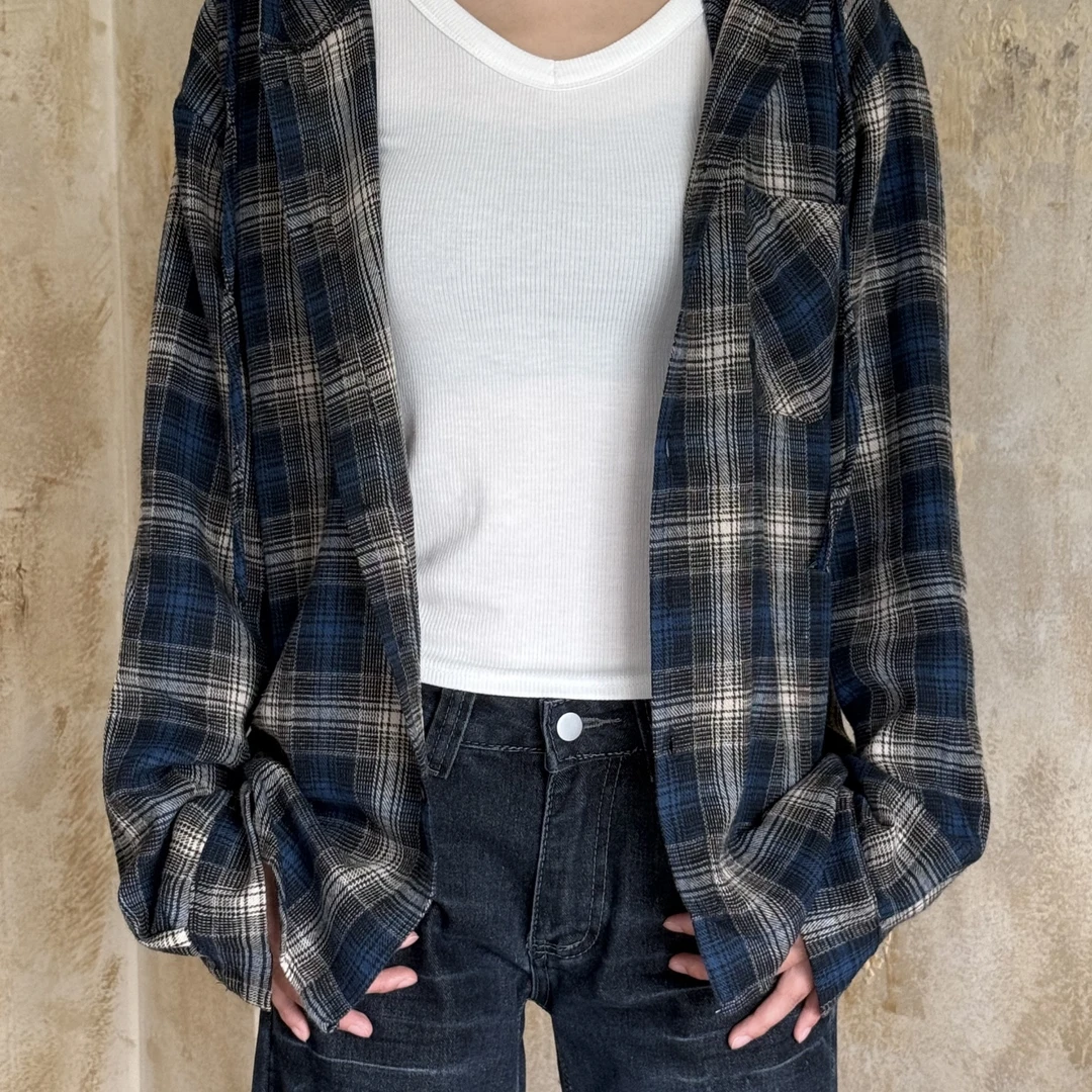 VintageTang美式学院风格纹连帽长袖衬衫女宽松休闲开衫吉呐K0715