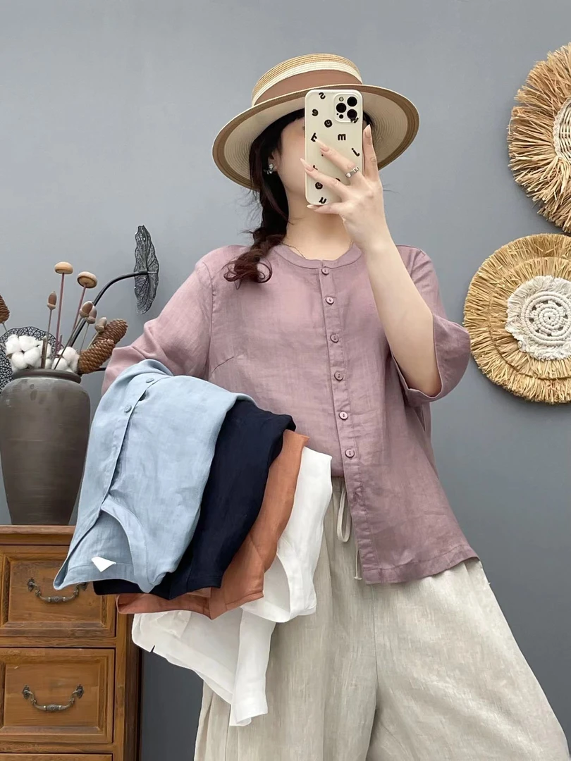 【圆领 苎麻】夏季斜纹纯苎麻圆领短袖衬衫女百搭宽松轻薄透气6663
