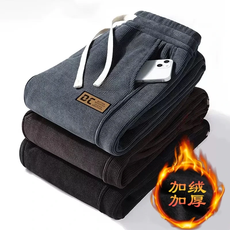 2025秋冬季新款加绒加厚休闲卫裤保暖外穿宽松大码灯芯绒裤子男士