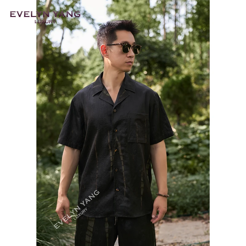 EVELYN YANG男士夏季新品植染(香云纱)丝棉混纺短袖衬衫休闲衬衫