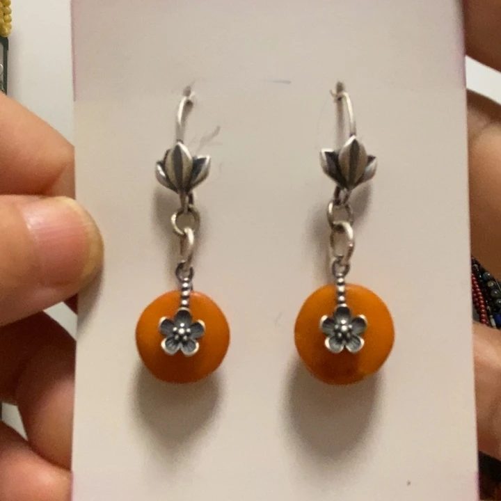 蜜蜡耳饰银S925镶嵌老蜜蜡13-14的饼子