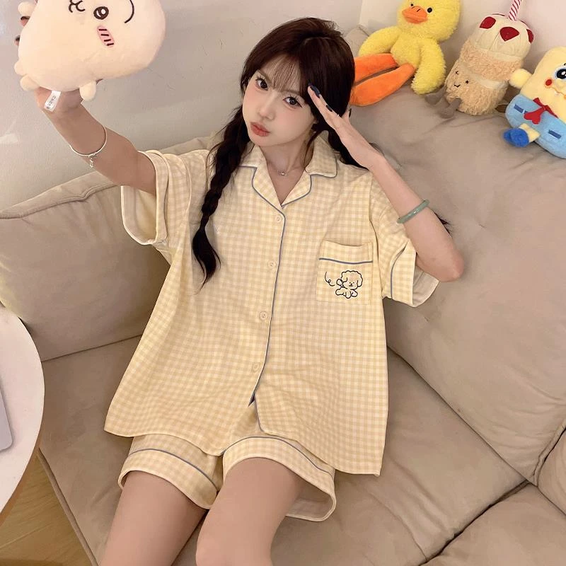 2025年新款夏季天睡衣女士格子短袖短裤大码可外穿家居服薄款套装