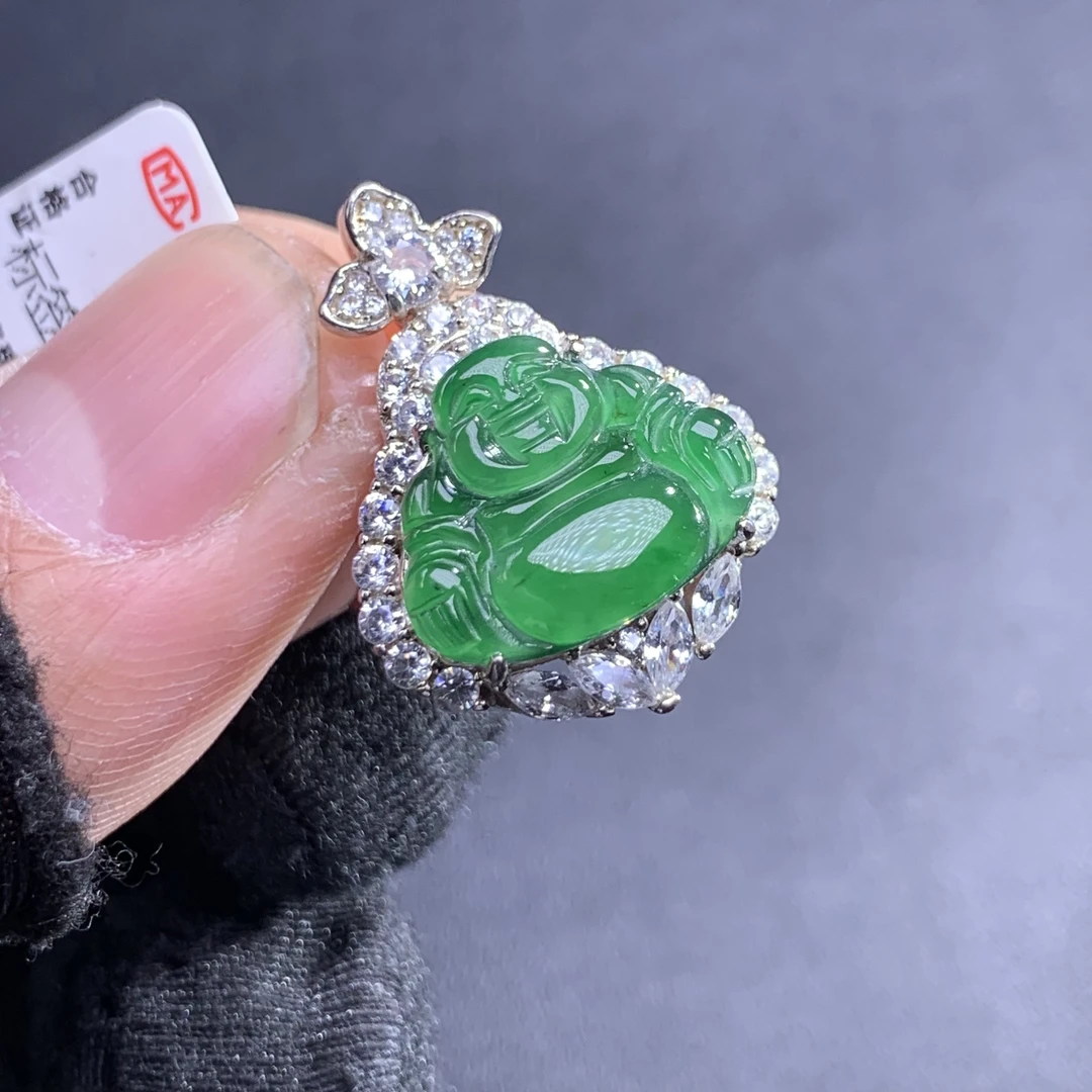 天然A货翡翠S925银镶满绿佛公54517时尚气质女款吊坠挂坠