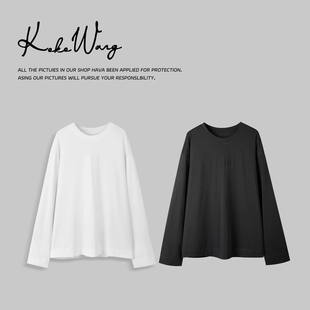 KOKOWANG夏季新款松弛感贴布绣舒适百搭圆领长袖T恤 N1264L11T50