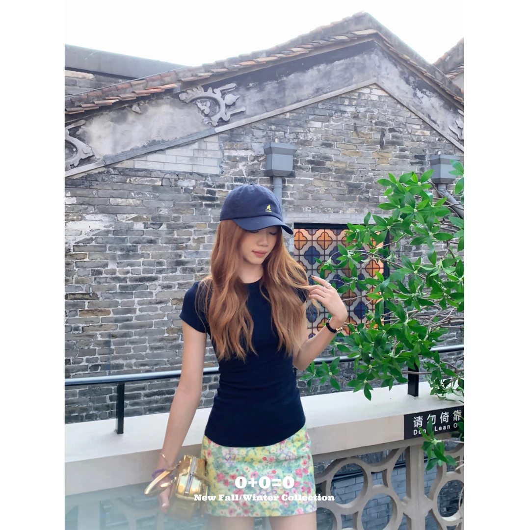 0+0=0【超百搭】正肩短袖t恤女圆领修身百搭小众显瘦上衣打底-2551#