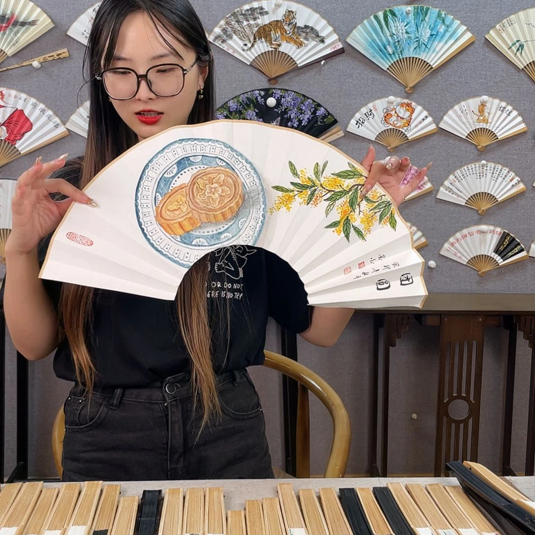 国画10寸玉竹-纯手绘-文玩扇骨（默认粘好）