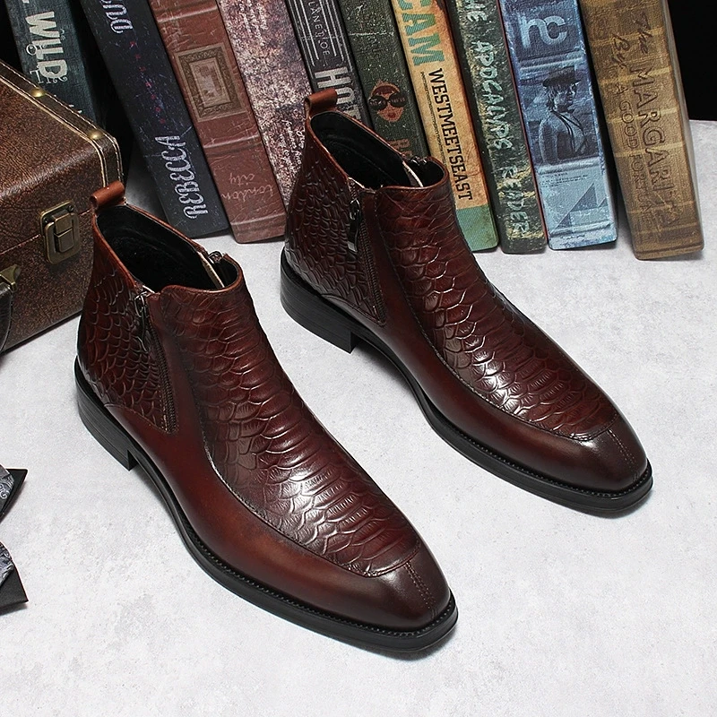 鳄鱼纹切尔西靴套筒休闲皮鞋男英伦复古秋冬单靴方头短靴拉链皮靴