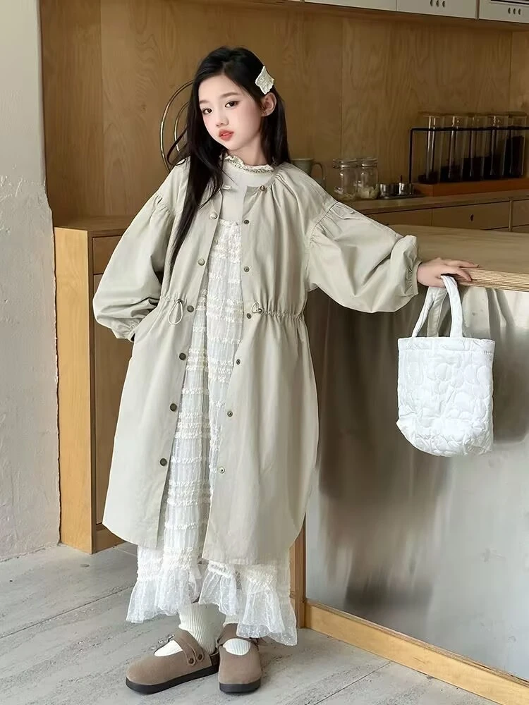 【现货】2025春秋新版洋气韩版女童外套中大童上衣儿童中长款风衣潮