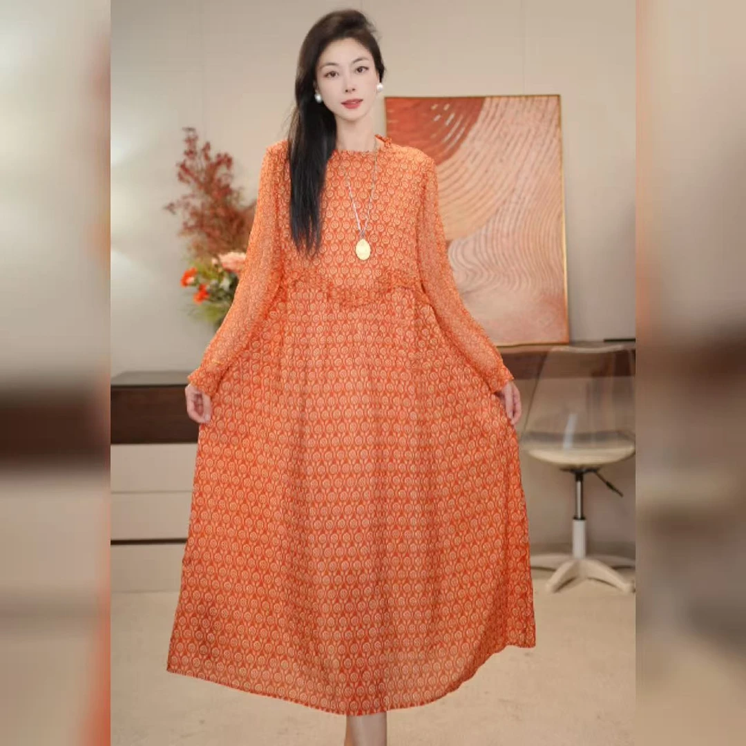 【多米拉】05422-9暖日金纹桑蚕丝女装显瘦碎花女装