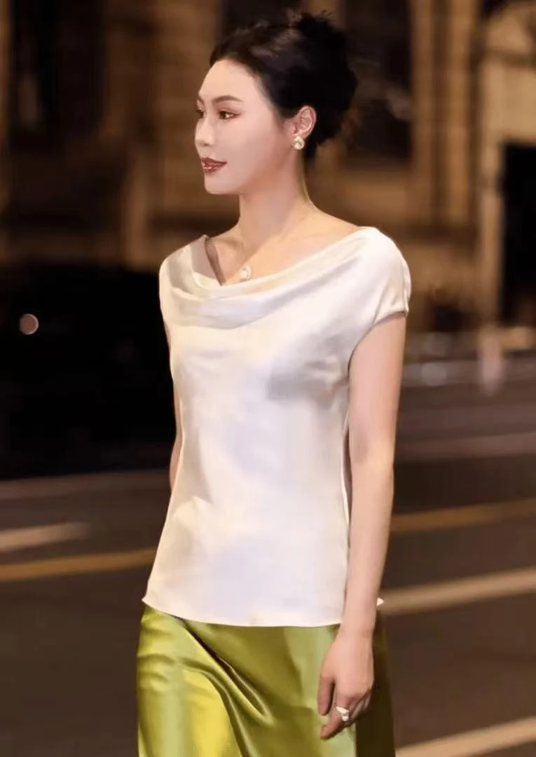 （荡领短袖）醋酸斜裁夏季百搭显瘦时尚收腰短袖T恤