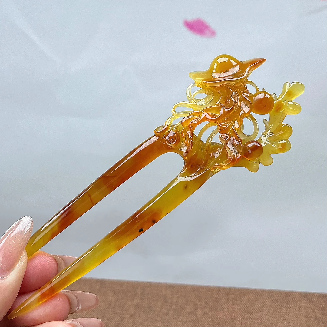 岫玉高品质花玉双叉水母发簪 整体长度14.5cm 入发长度8.5cm