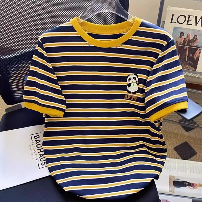 特大码2-300斤卡通刺绣撞色条纹短袖t恤女欧货大版胖mm巨遮肚上衣