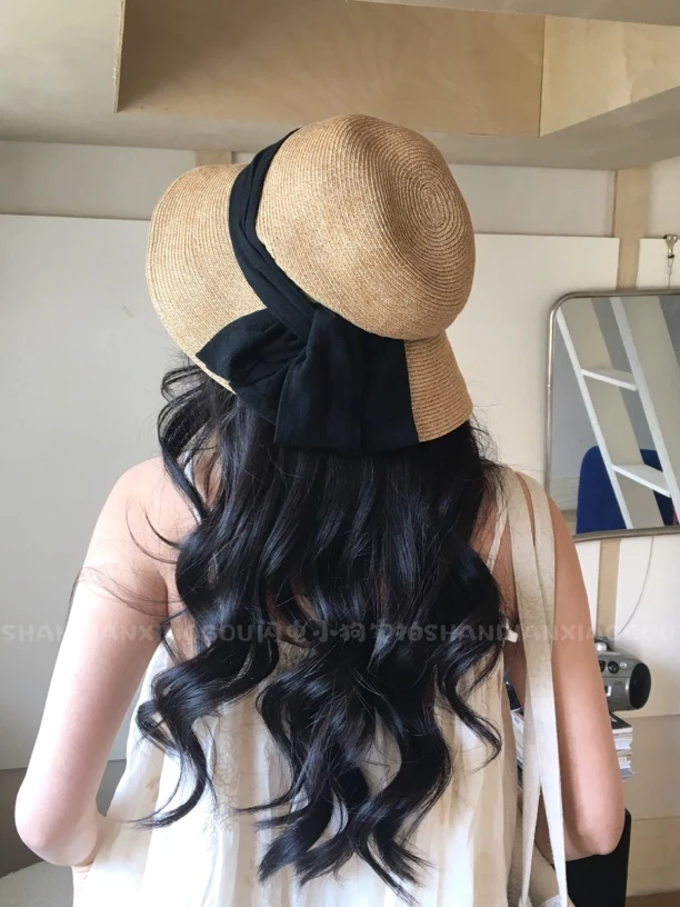 闪电小狗 日本定制遮阳帽渔夫帽大帽檐草帽可折叠蝴蝶结设计款