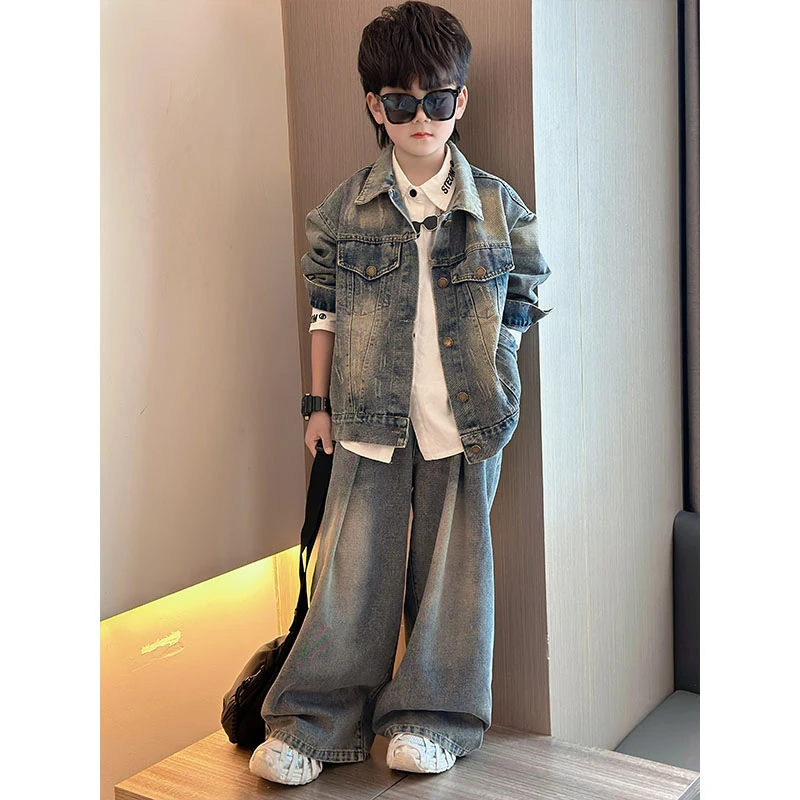 男童牛仔套装秋季儿童复古外套阔腿裤两件套中小学生炸街休闲装