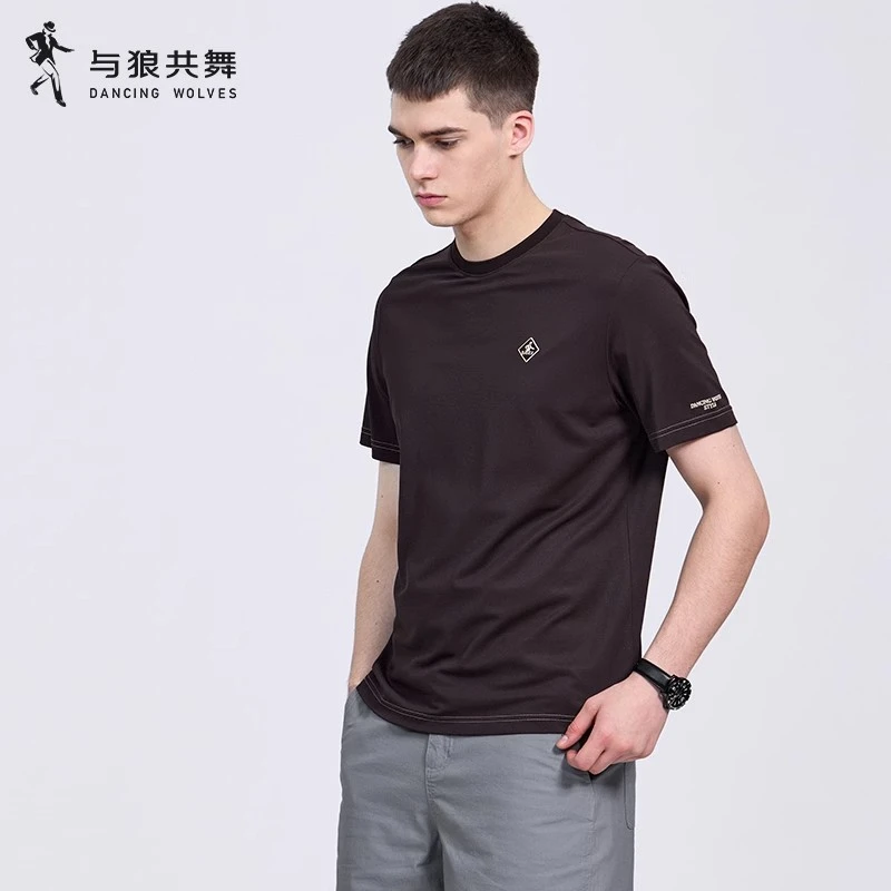 【含桑蚕丝】与狼共舞抗菌短袖T恤男士2025夏季新款刺绣圆领亲肤短T