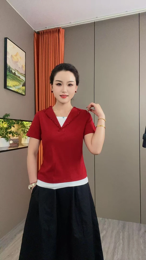 新款时尚百搭串珠领假两件修身显瘦多色T恤短袖6126