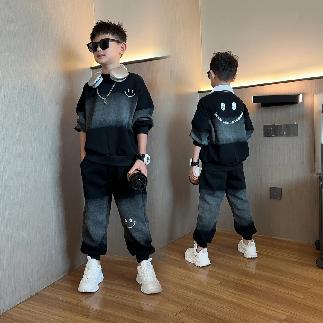 笑脸扎染秋季新款男童卫衣休闲儿童男孩中大童套装套头卫衣套装