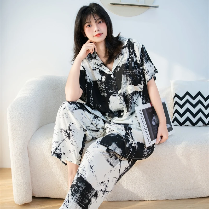 25年夏季水墨画棉绸家居服加大加肥短袖长裤睡衣套装200斤胖MM穿