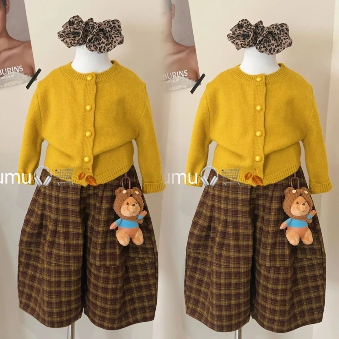 韩国童装2025秋季新款女童洋气时髦黄色针织开衫格子阔腿裤套装潮