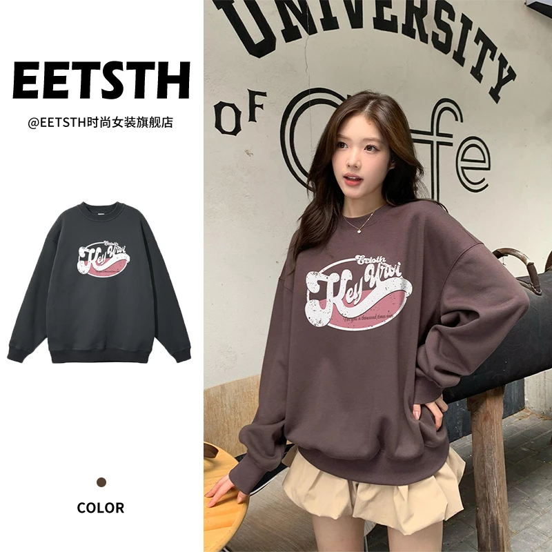 深灰色印花圆领卫衣女2025新款美式复古oversize宽松休闲甜酷上衣