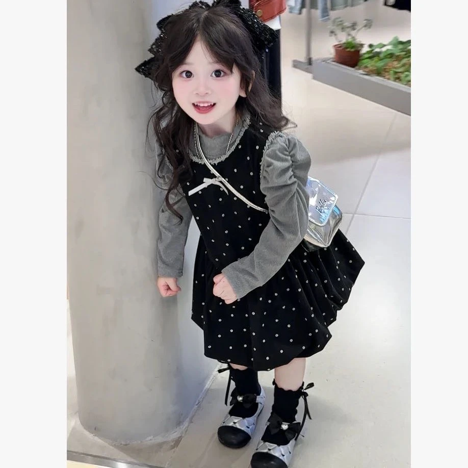 女童时尚套装秋季2025新款韩版超好看秋款宝宝时髦甜美圆点连衣裙