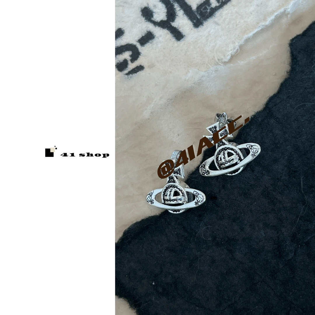 铜合金耳饰 B无编号土土星球深蓝色锆石耳钉复古做旧古银色耳饰